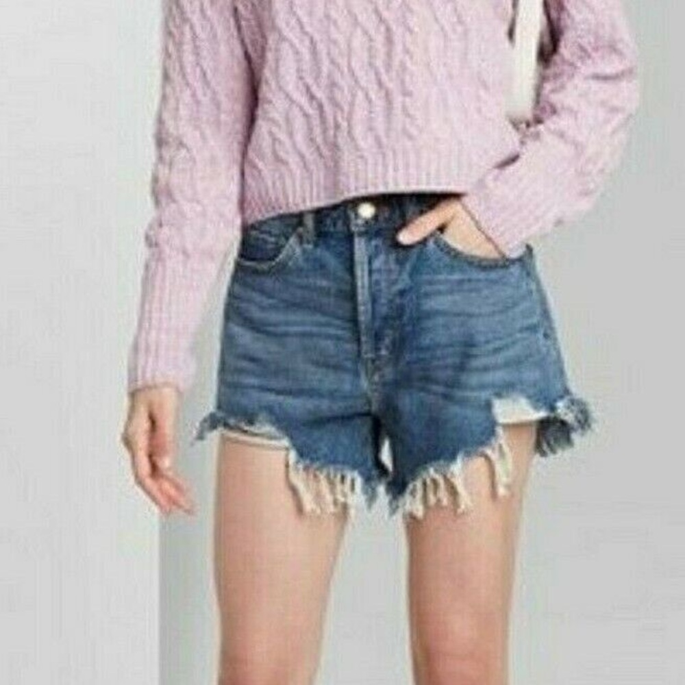 Wild Fable High Rise Medium Wash Frayed Jean Shorts Dark Blue